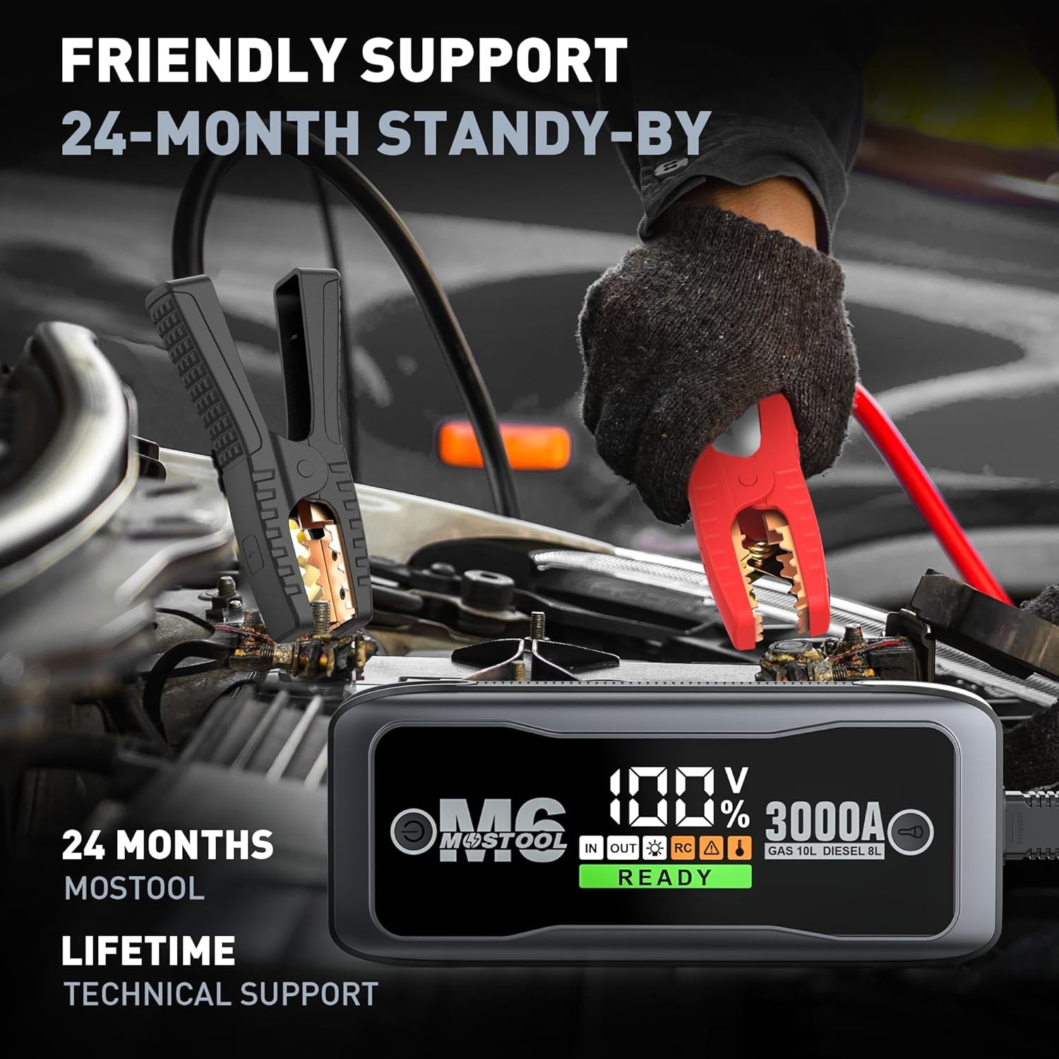 MOSTOOL M6 3000A Peak Car Battery Jump Starter Battery Pack Portable Jumper Box Battery Booster Start 12V Car Battery Charger and Jumper Cables for 10.0L Gas and 8.0L Diesel Engines avapow