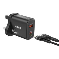 WEWE  FAST CHARGER NWE TECHNOLOGIES 30W WALL CHARGER 3 PORT TYP-C TO LIGHTING BLACK