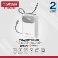 PROMATE SUPER SPEED POWERBANK BUILT-IN USB-C CABLE 20000 MAH WHITE(10607)