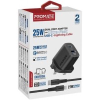 PROMATE 2in1 Dual port Adapter combo 25w+ lightning cable black (10641)