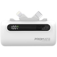 PROMATE POWER BANK 5000MAH 20W power delivery Dual foldable type-c & lightning connectors WHITE (10627)
