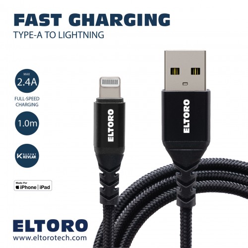 Eltoro : USB-A TO Lightning KEVLAR Cable 1m with Black Nylon