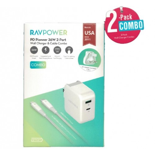 RAVPower / Wall Charger / COMBO [2-Pack] (Wall Charger 36W+C-Lightning Cable 1m) -White