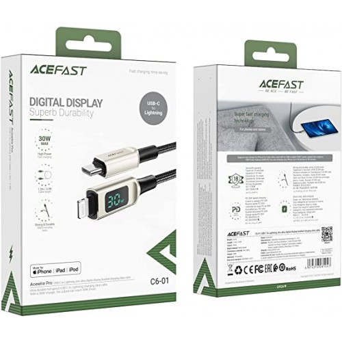 ACEFAST  USB-C to Lightning zinc alloy digital display braided charging1.2m/3.9ft  data cable silver