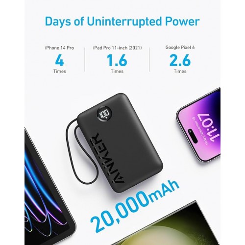 Anker 335 Power Bank (20K 22.5W PD, Built-In USB-C Cable) -Black