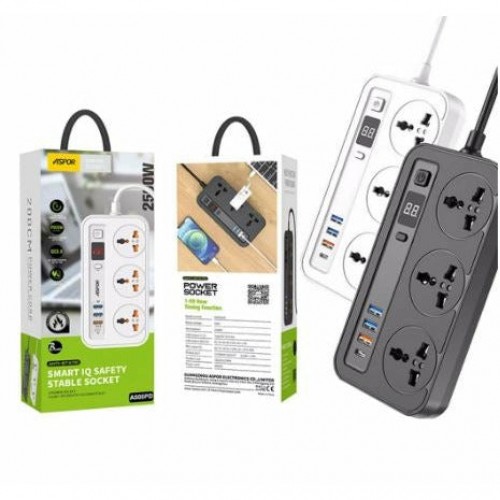 Aspor Power Socket + 3 Port + 3USB Port +1 20W PD Port - Black