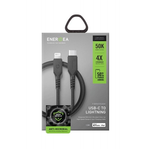 Energea Fibra Tough Anti-Microbial USB-C to lightning cable Black 