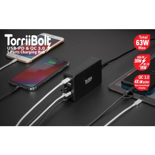 Torrii Bolt 4 Port Charging Hub 47W With One Torrii Kevable PD cable & One Torrii Kevable 4 In 1 60W cable - Black