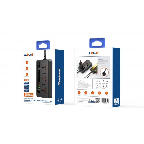 WEWE fast charger power strip 3500 w  usb-c pd & 1qc3.0 8 in 1 black
