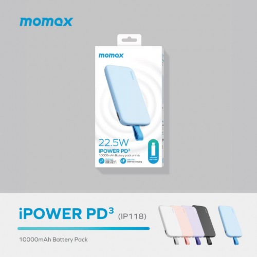 MOMAX iPower PD 3 10000mAh battery pack iptegatedmusb-c cable (Blue)