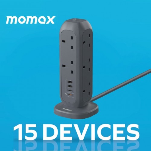 MOMAX ONEPLUG 11-Outlet Power Strip With  USB (Grey)