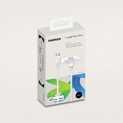momax "1-Link Flow Duo 2-in-1 USB-C to USB-C + Lightning (1.5m)  Charging + Data Cable  (Braided - TPE + Nylon) "white