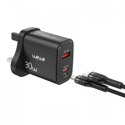 WEWE  FAST CHARGER NWE TECHNOLOGIES 30W WALL CHARGER 3 PORT TYP-C TO LIGHTING BLACK