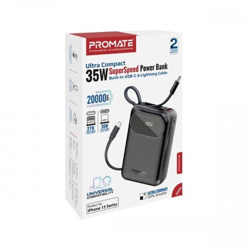 PROMATE SUPER SPEED POWERBANK BUILT-IN USB-C CABLE 20000 MAH BLUE BLACK (10609)