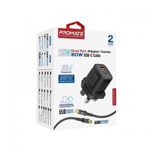 PROMATE 2in1 Dual port Adapter combo 25w usb-c cable black (10640)