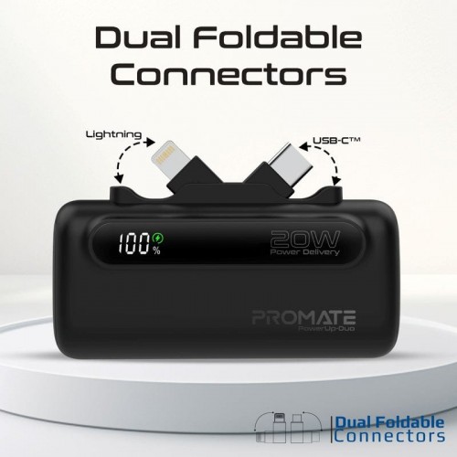 PROMATE POWER BANK 5000MAH 20W power delivery Dual foldable type-c & lightning connectors black (10625)