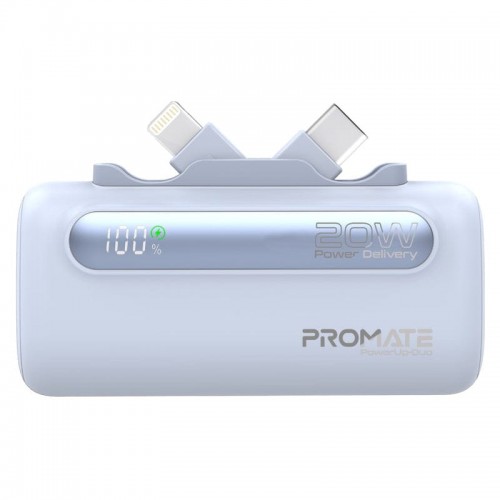 PROMATE POWER BANK 5000MAH 20W power delivery Dual foldable type-c & lightning connectors  BLUE (10626)