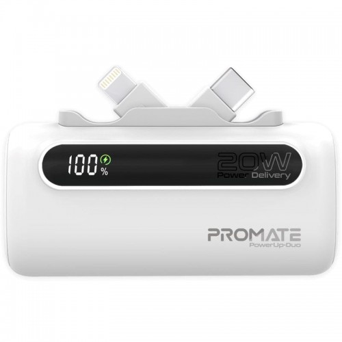 PROMATE POWER BANK 5000MAH 20W power delivery Dual foldable type-c & lightning connectors WHITE (10627)