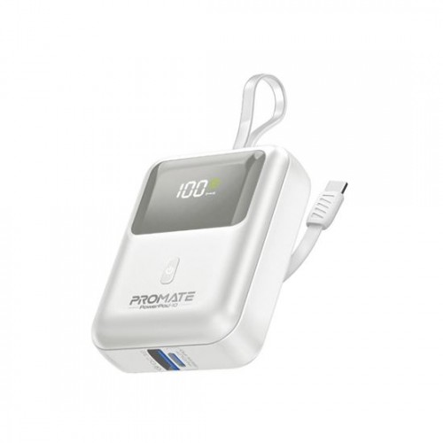 PROMATE SUPER SPEED POWERBANK BUILT-IN USB-C CABLE 10000 MAH WHITE (10610)