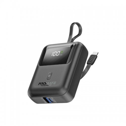 PROMATE SUPER SPEED POWERBANK BUILT-IN USB-C CABLE 10000 MAH BLACK (10612)