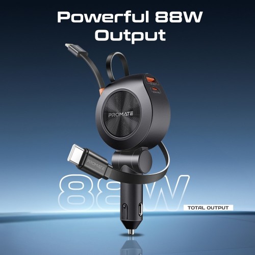 PROMATE 88W CARCHARGER DUAL RETRACTABLE USC-C & LIGHTING CABLES(10659)