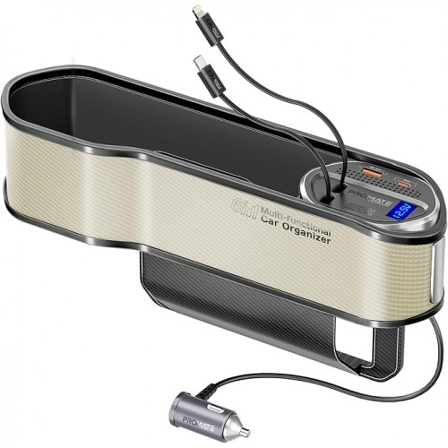 PROMATE 65W Multi-Functional car organizer charging station with USB-C & LIGHTING retractable cabel  BEIGE(10668)