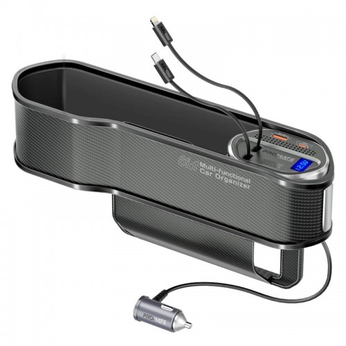 PROMATE 65W Multi-Functional car organizer charging station with USB-C & LIGHTING retractable cabels BLACK (10669)