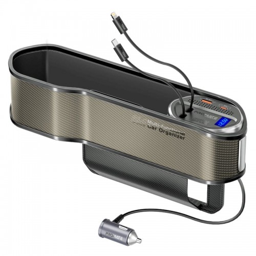 PROMATE 65W Multi-Functional car organizer charging station with USB-C & LIGHTING retractable cabels BROWN (10670)