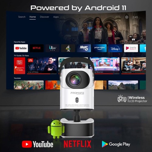 PROMATE 4K ULTRA HD Wireless LED Projector built-in speaker& monopod stand(10681)
