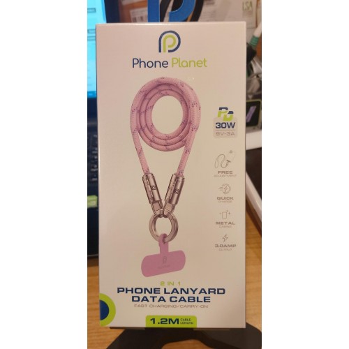 NEW Phone planet phone lanyard data cable c to lightning 1.2m 30w pink (11273)