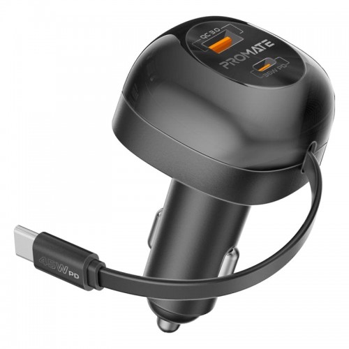PROMATE Multi-port car charger retractable USB-C Cable -62w(106114)
