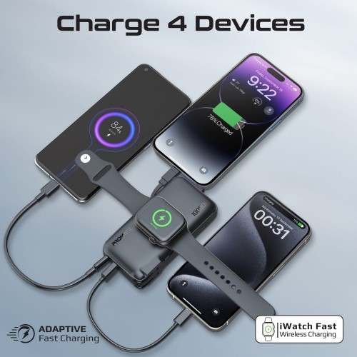 PROMATE fast-charging 10000Mah power bank 20w AC charger apple watch charger builtin lightning cable(106104)