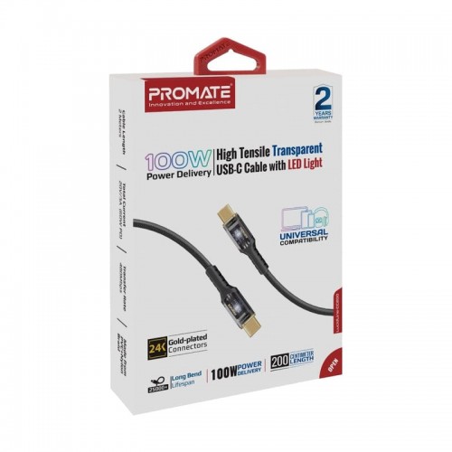 PROMATE High Tensile Transparent USB-C Cable with LED Light 100 w pd 2m Black(10699)