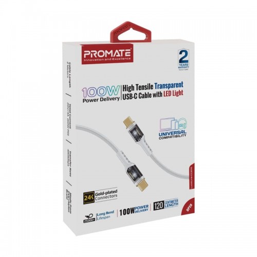PROMATE High Tensile Transparent USB-C Cable with LED Light 100w pd 1m white(106102)