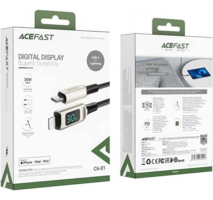 ACEFAST  USB-C to Lightning zinc alloy digital display braided charging1.2m/3.9ft  data cable silver