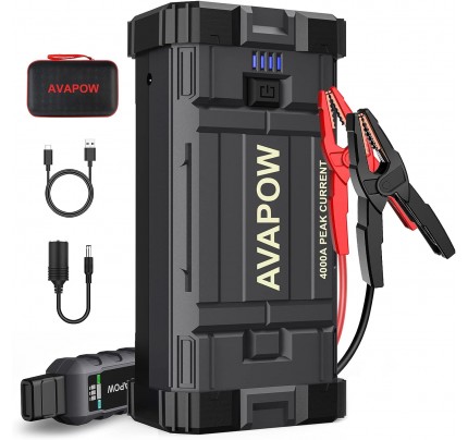 AVAPOW Car Jump Starter, 4000A Peak Battery Jump Starter (for All Gas or Up to 10L Diesel), Portable Battery Booster Power Pack, 12V Auto Jump Box with LED Light, USB Quick Charge 3.0