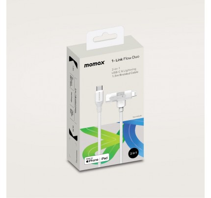 momax "1-Link Flow Duo 2-in-1 USB-C to USB-C + Lightning (1.5m)  Charging + Data Cable  (Braided - TPE + Nylon) "white