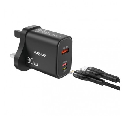 WEWE  FAST CHARGER NWE TECHNOLOGIES 30W WALL CHARGER 3 PORT TYP-C TO LIGHTING BLACK