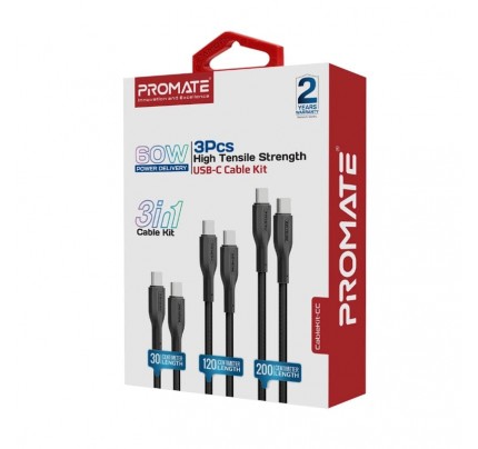PROMATE 3 PCS HIGH TENSIL STRENGHT USB-C CABELS KIT 60W PD (10601)