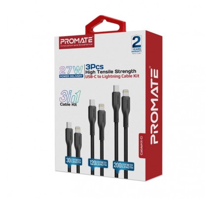 PROMATE 3 PCS HIGH TENSIL STRENGHT USB-C TO LIGHTNING 3 IN 1 CABLE KIT 27W PD(10602)