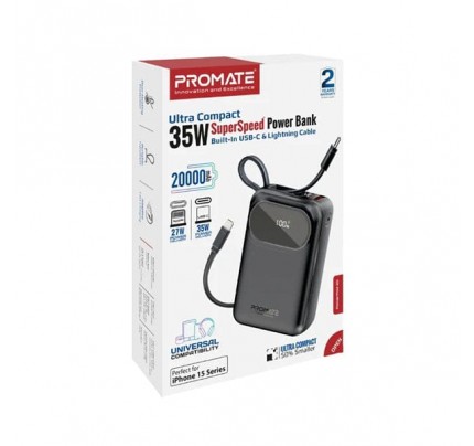 PROMATE SUPER SPEED POWERBANK BUILT-IN USB-C CABLE 20000 MAH BLUE BLACK (10609)