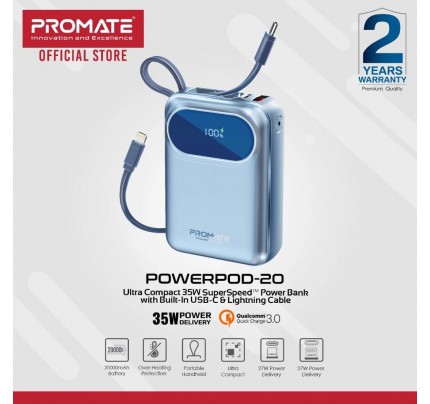 PROMATE SUPER SPEED POWERBANK BUILT-IN USB-C CABLE 20000 MAH BLUE(10608)