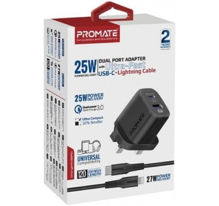 PROMATE 2in1 Dual port Adapter combo 25w+ lightning cable black (10641)