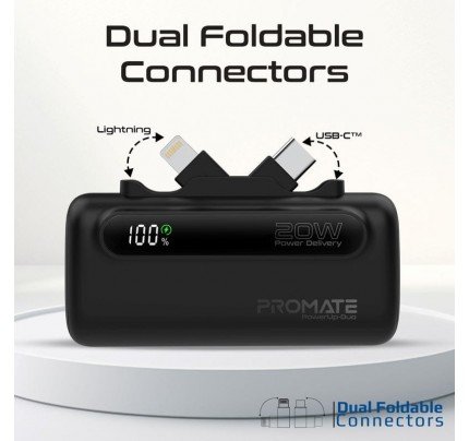 PROMATE POWER BANK 5000MAH 20W power delivery Dual foldable type-c & lightning connectors black (10625)