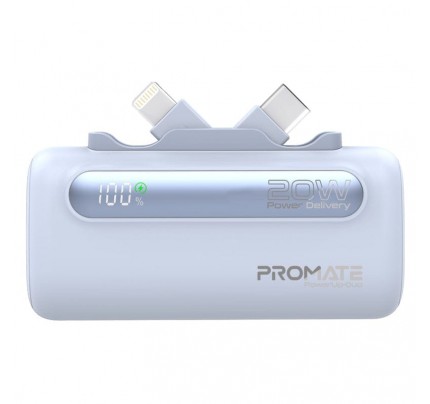 PROMATE POWER BANK 5000MAH 20W power delivery Dual foldable type-c & lightning connectors  BLUE (10626)