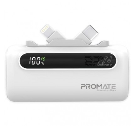PROMATE POWER BANK 5000MAH 20W power delivery Dual foldable type-c & lightning connectors WHITE (10627)