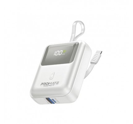 PROMATE SUPER SPEED POWERBANK BUILT-IN USB-C CABLE 10000 MAH WHITE (10610)
