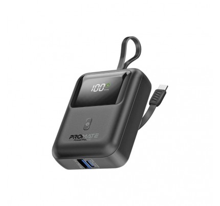 PROMATE SUPER SPEED POWERBANK BUILT-IN USB-C CABLE 10000 MAH BLACK (10612)