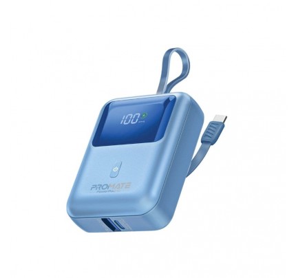 PROMATE SUPER SPEED POWERBANK BUILT-IN USB-C CABLE 10000 MAH BLUE (10611)