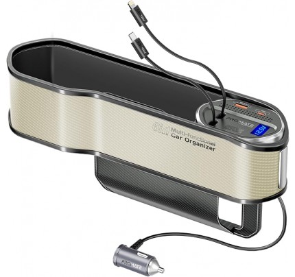 PROMATE 65W Multi-Functional car organizer charging station with USB-C & LIGHTING retractable cabel  BEIGE(10668)